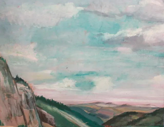 Vintage impressionist gouache painting mountain landscape signed