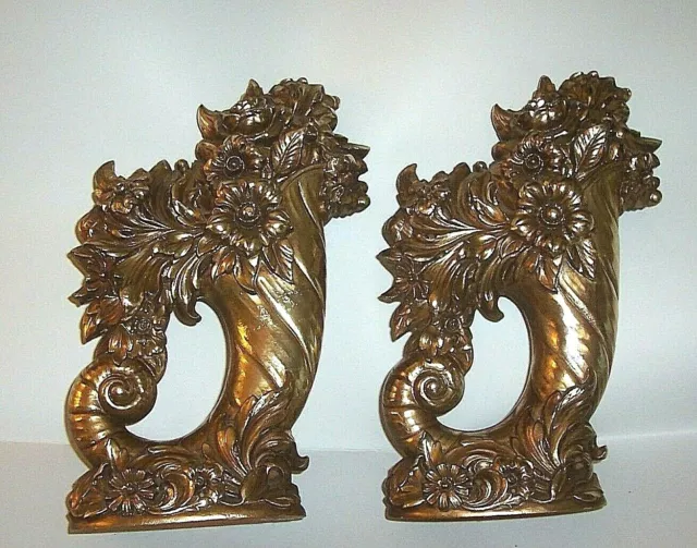 Syroco Wood Heavy Ornate Cornucopia Decorative Bookends Gold Gilt