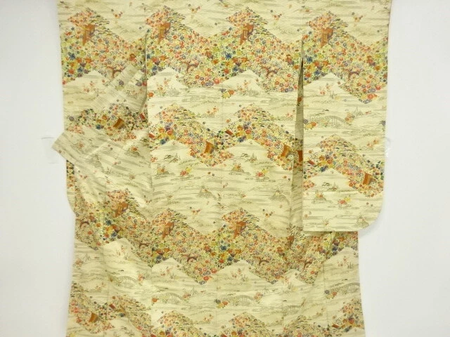04602# Japanese Kimono / Antique Furisode / Wheel & Floral Plants
