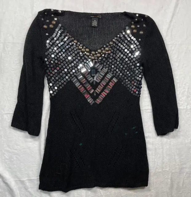 BCBG Max Azria Top Women's Size Medium Black Knit Long With Silver Accents