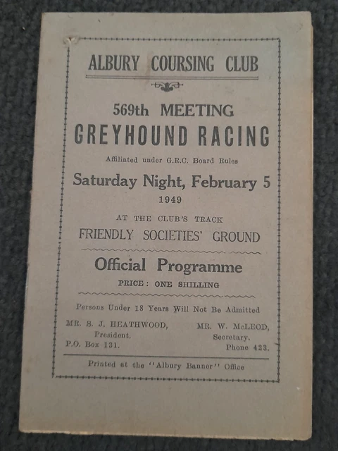 1949 Albury coursing club 569th Greyhound racing official programme