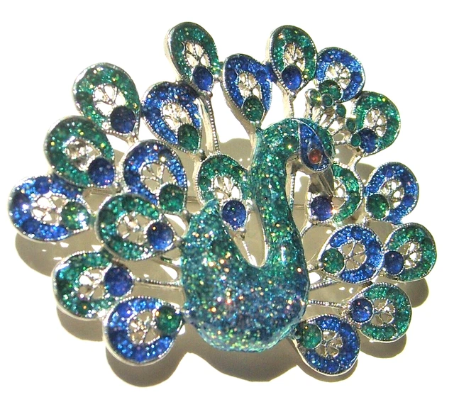 Vintage Silver Tone SPARKLY Green/Blue Enamel PEACOCK Bird Brooch Pin 2 1/4" Vintage Silver Tone SPARKLY Green/Blue Enamel PEACOCK Bird Brooch Pin 2 1/4"