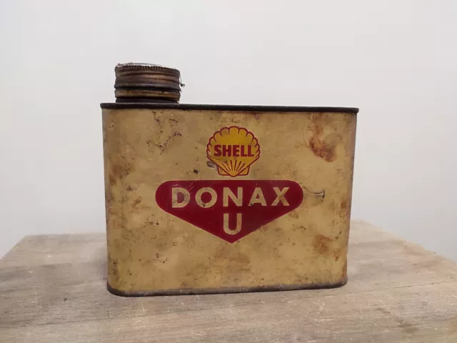 Bidon d'Huile ancien SHELL DONAX U en métal motor oil garage auto texaco déco