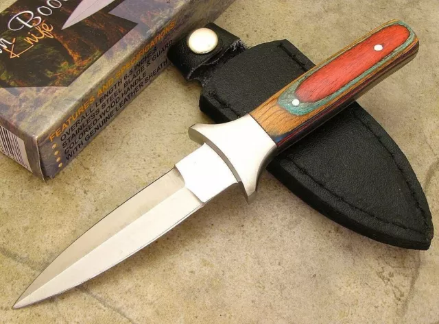 Slim Boot Fixed Blade Knife Double Edged Dagger w/ Leather Sheath w/ Metal Clip