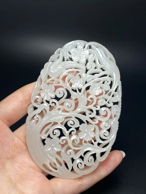 Chinese Exquisite Handmade Flowers carving Hetian Jade Pendant