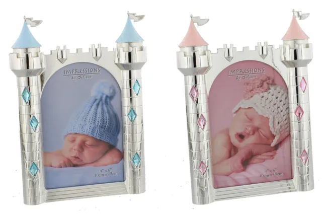 Silver Plated Baby Photo Frame Castle Pink Blue Gems Christening Gift Newborn