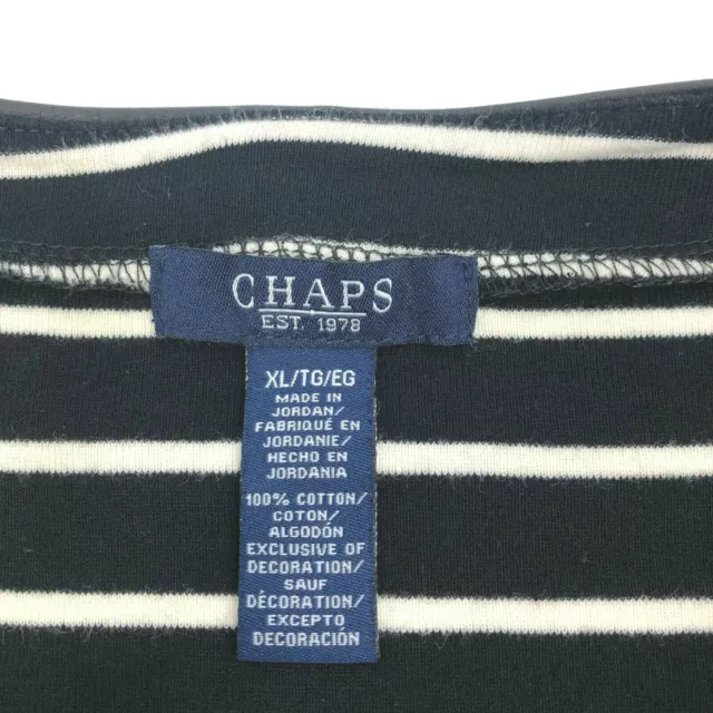 Chaps Womens Sz XL Striped Top 3/4 Sleeve Black White Boatneck Faux Leather Trim 3