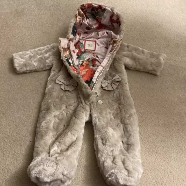 Ted Baker Baby girls' natural faux fur snowsuit Age 6-9 Months Exc cond