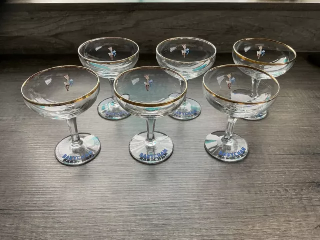 Set Of 6 Rarer 1950's Babycham Glasses Faceted  Hexagon Stems White Fawn Deer