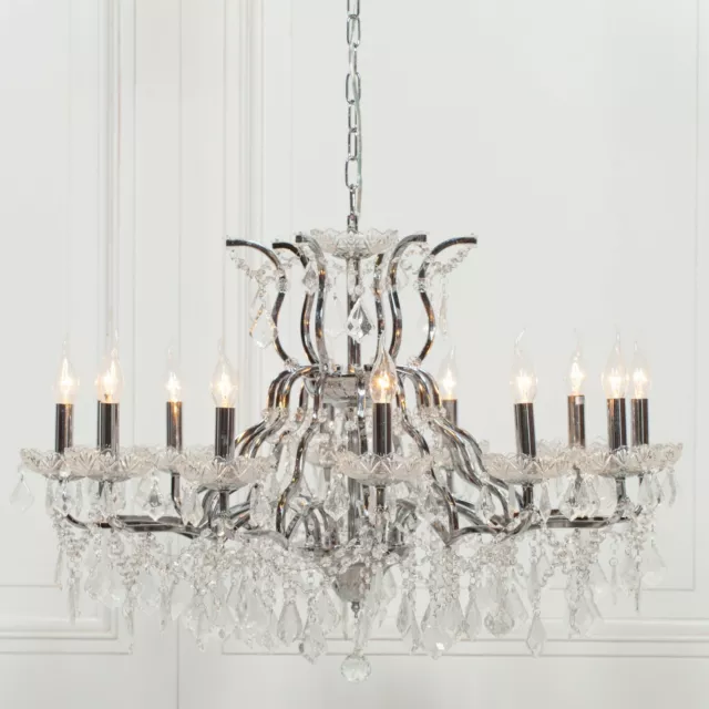 French Style Classical Large 12 Arm Branch Chrome Shallow Cut Glass Chandelier