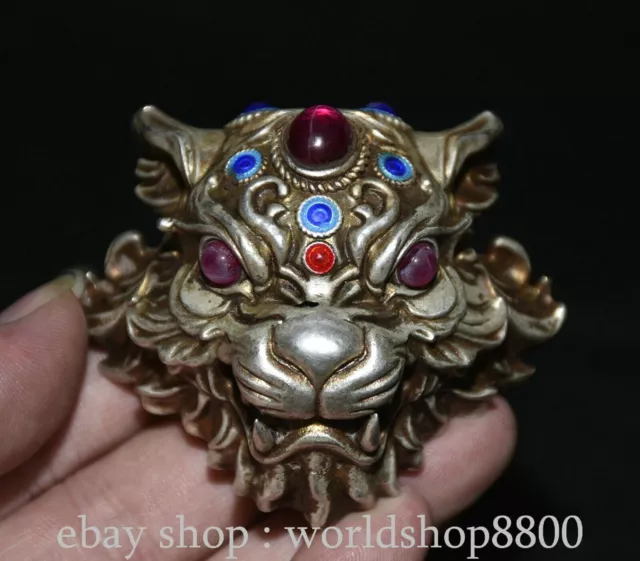 7CM Old China Tibet silver inlay red gem tiger lion animal head statue pendant