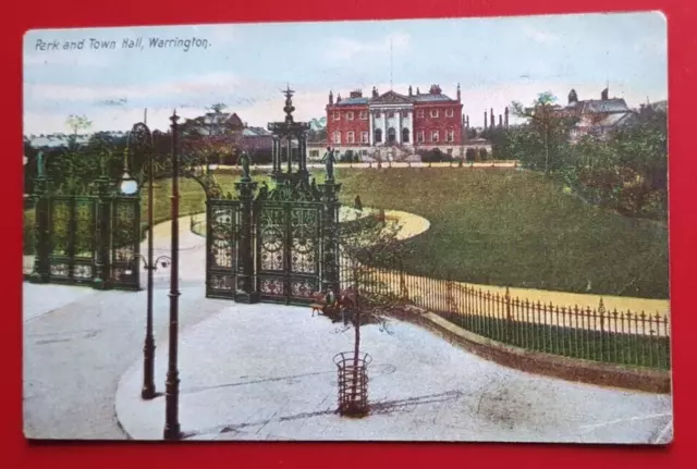 Vintage Colour Postcard - Park & Town Hall, Warrington - 1918 #j