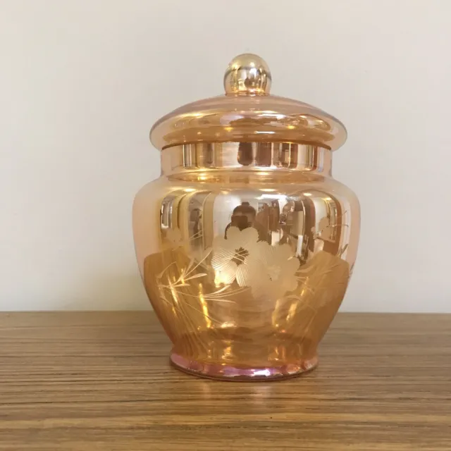 Vintage Iridescent Amber Blown Carnival Glass Lidded Jar Etched Flowers