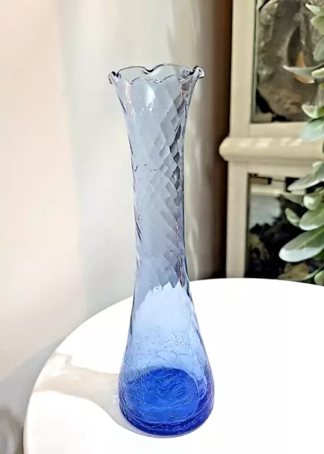 Beautiful Vintage Cobalt Blue  Fluted Vase Crackled Glass 20 cm