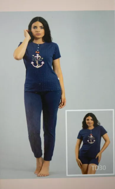 Pigiama Donna Irge 3 Pezzi Tu30 Cotone 100% Con Pantalone Lungo E Corto S-M-L-Xl