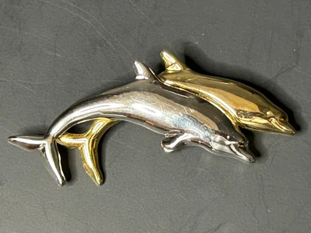 Vintage LC Liz Claiborne Dolphins Brooch Gold & Silver Tone Pin Costume Jewelry