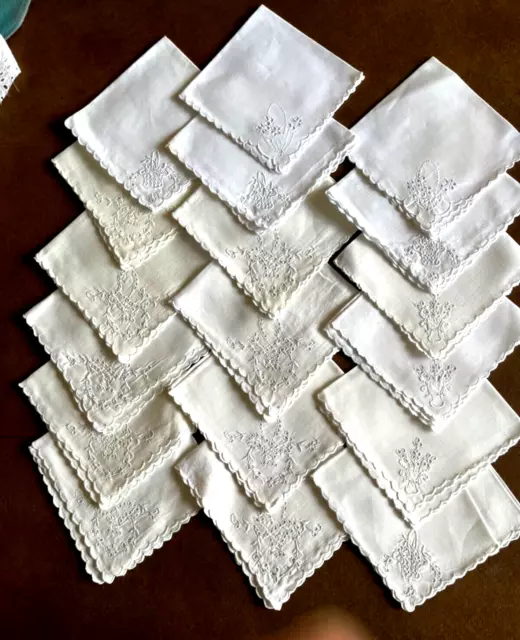 18 Vintage White Linen Hand Embroidered Luncheon Napkins