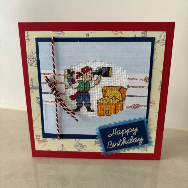 Pirate Themed Hand Stitched Cross Stitch Birthday Card **NEW**