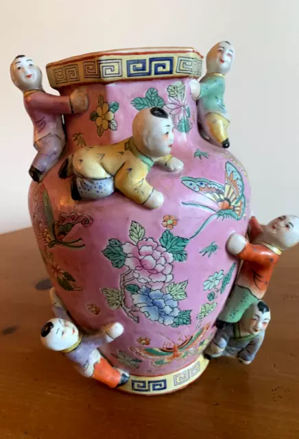 Hand Painted Vintage Chinese Porcelain Fertility Vase With 6 Children