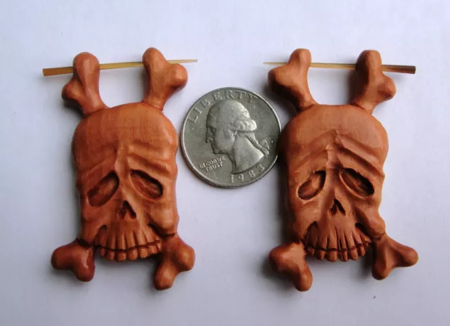 Pair Organic Sawo Wood Skull Head Bone Stirrup Hanger Earring Fake Gauges Plugs