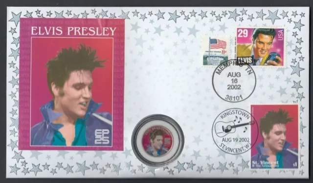 Elvis Presley USA & St Vincent stamps on 2002 25th Anniversary Coin Cover Music