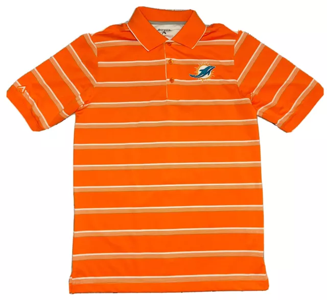 Antigua NFL Miami Dolphins Men's Orange/White Striped Polo; Size S
