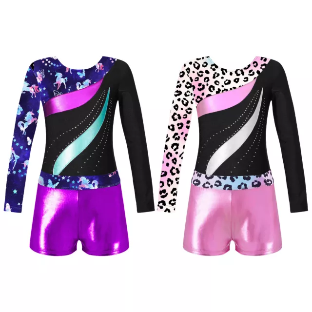 Kids Girls Gymnastics Leotards with Metallic Shorts Set Sports Outfits Tracksuit