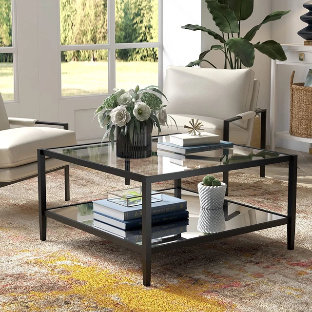 32" Wide Square Coffee Table with Mirror Shelf in Blackened Bronze, Modern Coffe