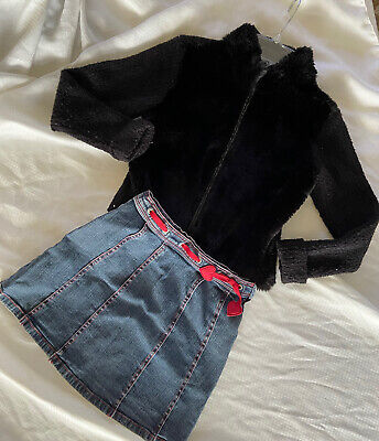 Gymboree Sz 7 Jean Skirt Valentines Heart & boutique Ave Blu Black Fur Cardigan