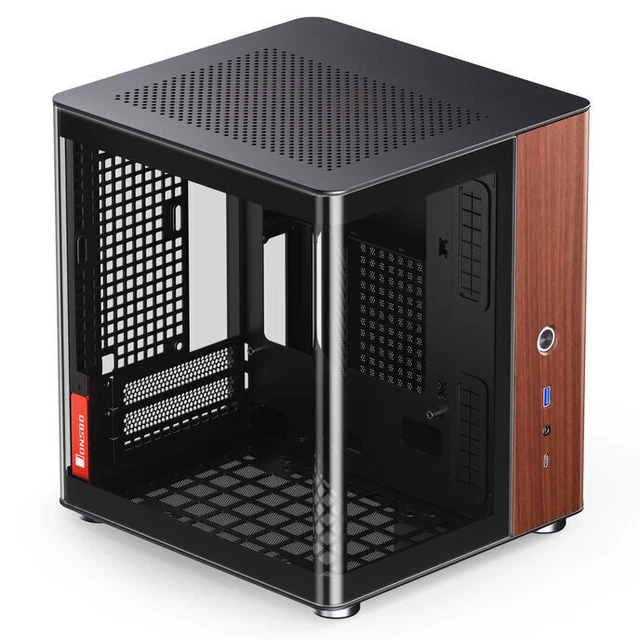 Jonsbo TK-0 Mini-ITX-Gehäuse Weiß – Mit Walnussholz, Tempered Glass, Für GPUs Bis 230 Mm, USB-C Front, 90° Drehbar