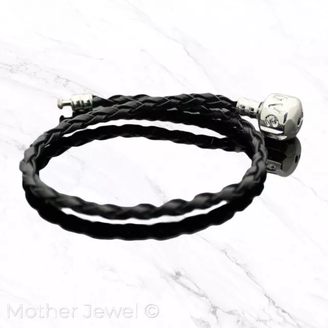 Silver Filled Charm Bead European Love Clip Unisex Mens Black Leather Bracelet