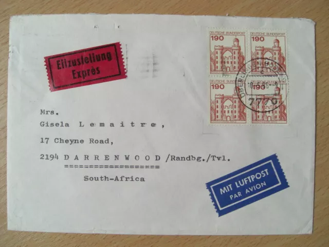 Bund : Nr. 919 (Viererblock)  MeF auf  Ausl.-Eilb.-Brief nach Südafrika !!!!