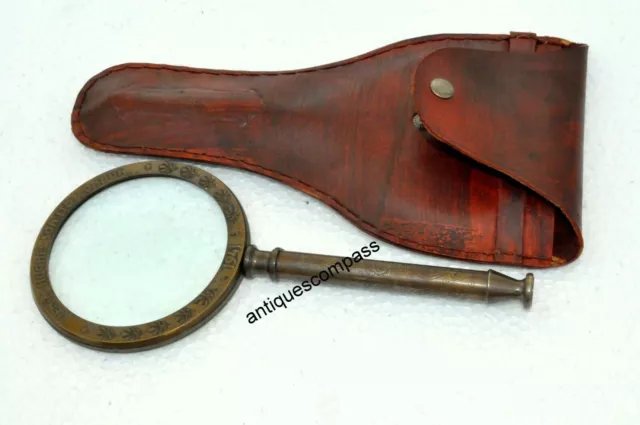 Brass Magnifying Glass Leather Case 10" Magnifier Antique Nautical Handheld