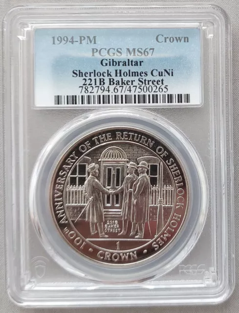 Gibraltar 1 Crown Unc Coin 1994 Km#287 Sherlock Holmes 221B Baker Str Pcgs Ms67