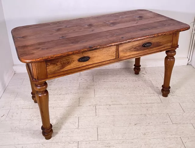 Antico Tavolo Pranzo Rettangolare Legno Abete Noce 2 Cassetti Table Sala 1800