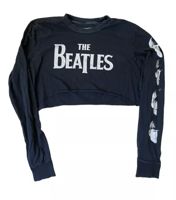 Beatles Women's Small Crop Black Long Sleeve T-shirt Graphic Top Logo Rock Band