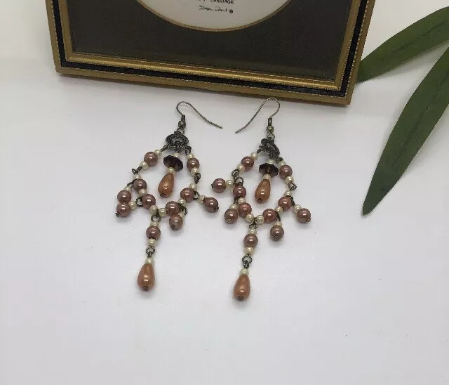 Coral Coloured Faux Pearl Gypsy Drop Bead Earrings