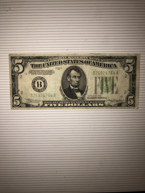 1934 $5 Five Dollar Bill-Federal Reserve Note New York Light Green Seal MULE