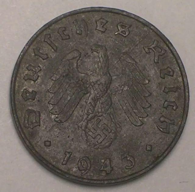 1943 B German Germany 10 Reichspfennig WWII Era Swastika Coin