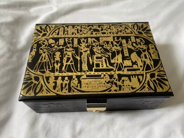 Egyptian Camel Leather Embossed Black Jewelry Box Horus Isis King Tut 7.75" # 47 2