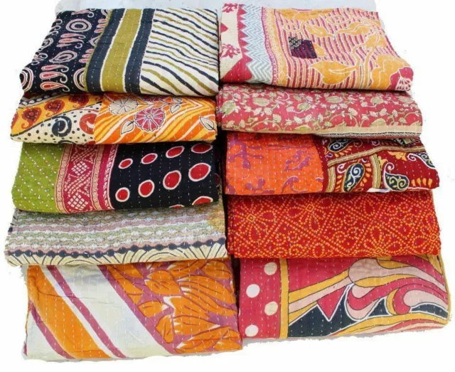 Reversible Doble Kantha Colcha 10 Piezas Lote Indio Vintage Hecho a Mano Manta