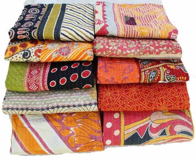 Reversible Twin Kantha Quilt 10 Pcs Lot Indian Vintage Handmade Blanket Throw