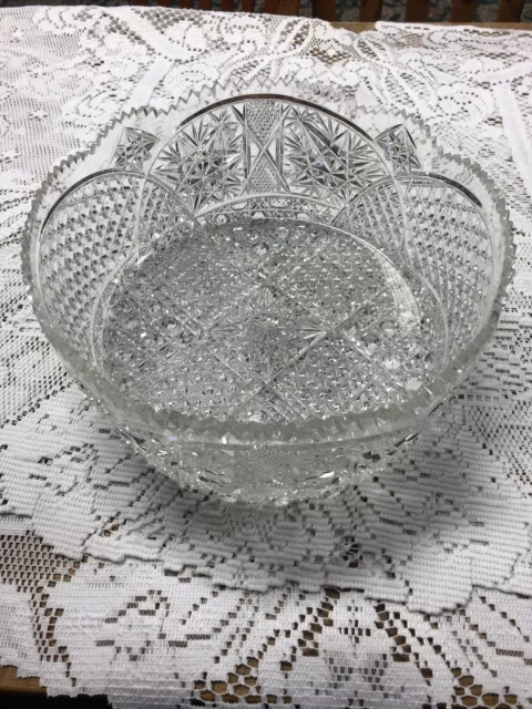 VINTAGE AMERICAN BRILLIANT LARGE ORNATE ROUND CUT GLASS CRYSTAL BOWL 10” Signed