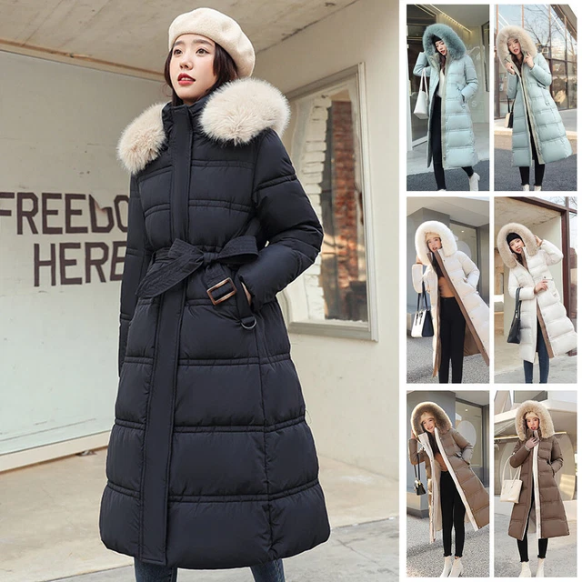Coat Jacket Overcoat Parkas Down Winter Women X-Long Faux Fur Collar Padded US