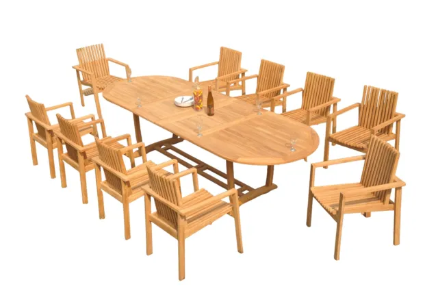 A-Grade Teak 11pc Dining 118 Mas Oval Table Clipper Stacking Arm Chairs Set