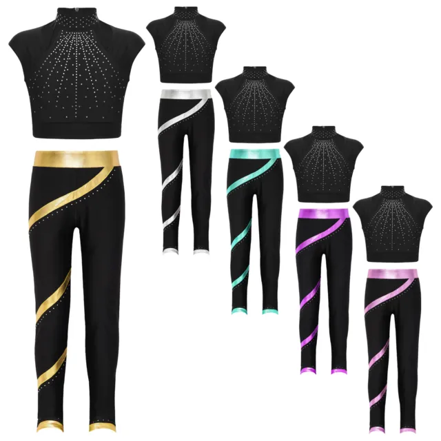 Kids Girls Tracksuits Costume Crop Top With Pants Stage Dancewear Competition