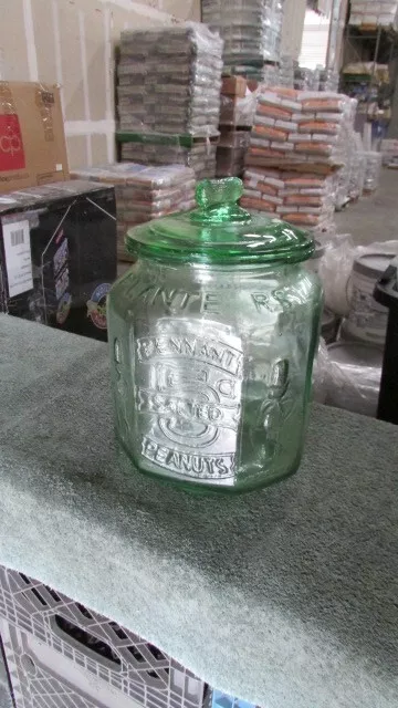 Vintage Planters Peanuts Green Glass Counter Jar With Lid w-51