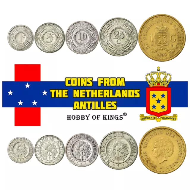 Netherlands Antilles 5 Mixed Coins 1 Cent - 1 Gulden Caribbean Cash 1952 - 2013