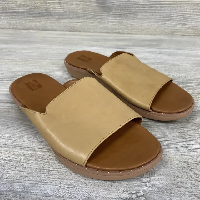 Fit Flop Womens 7 Tan Leather Slide Slip On Flat Sandal Shoes