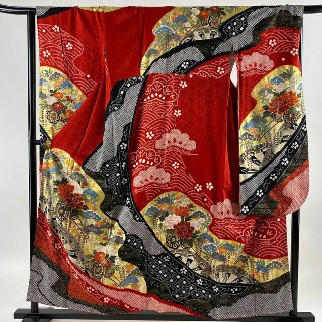 Japanese Kimono Furisode Pure Silk Flower Cart, Katawa Guruma Pattern
